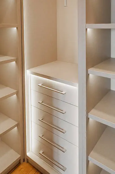 Custom closets with built-in LED lighting and premium hardware by Anka Design Studio