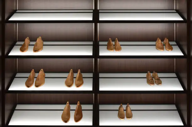Custom closet shoe display with backlit shelving, leather shoes and warm wood accents