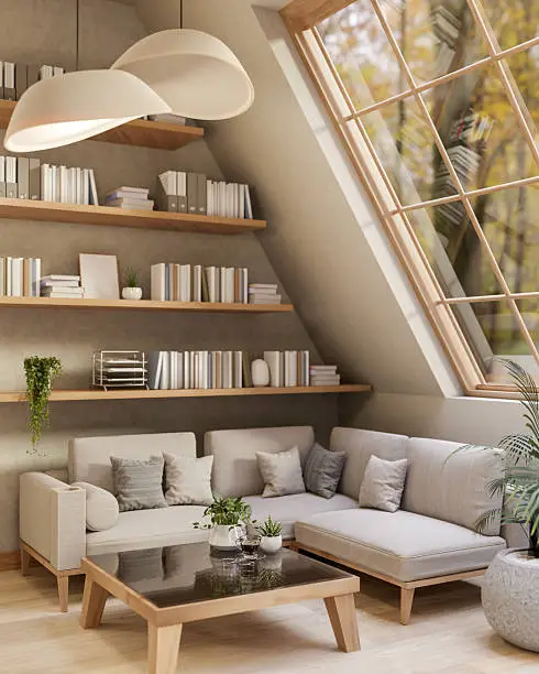 Sunlit room addition with vaulted ceiling, shiplap walls, built-in bookshelves, and garden window seat